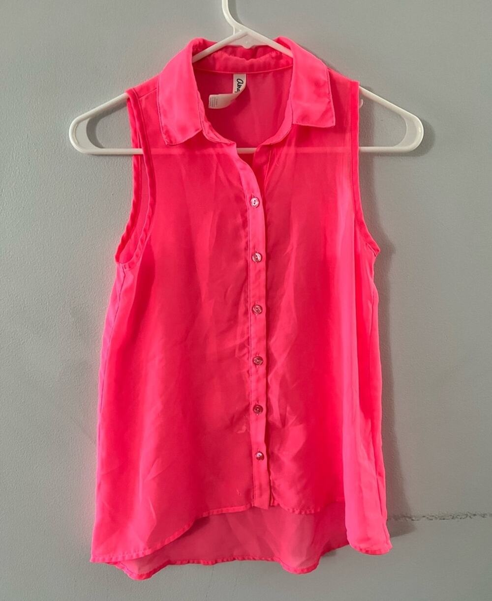 Aeropostale Blouse Sheer Sleeveless Neon Button Up Pink XS
